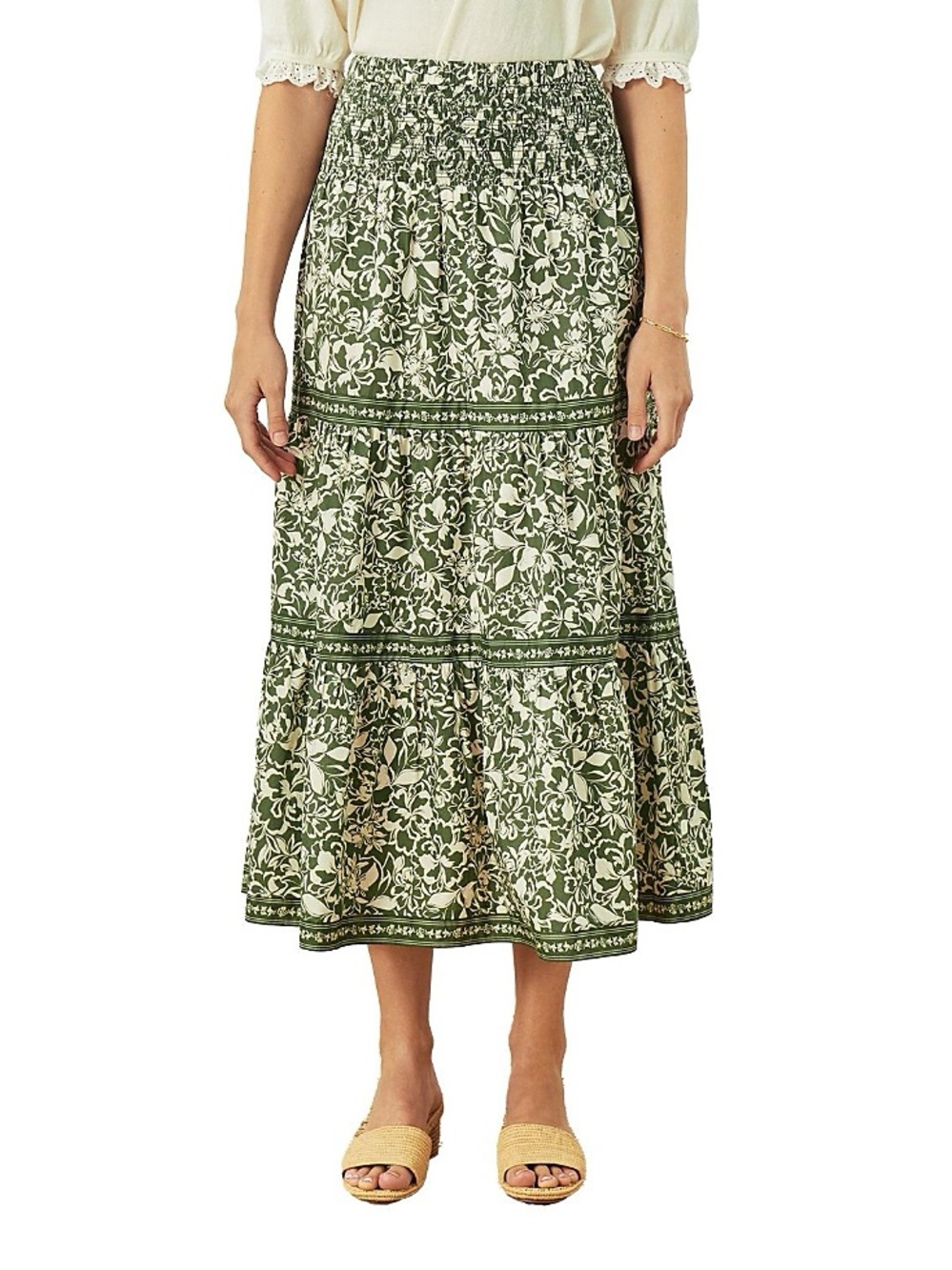 Cartolina Kylie Midi Skirt XS Green Floral Smocked Tiered Cotton Maxi